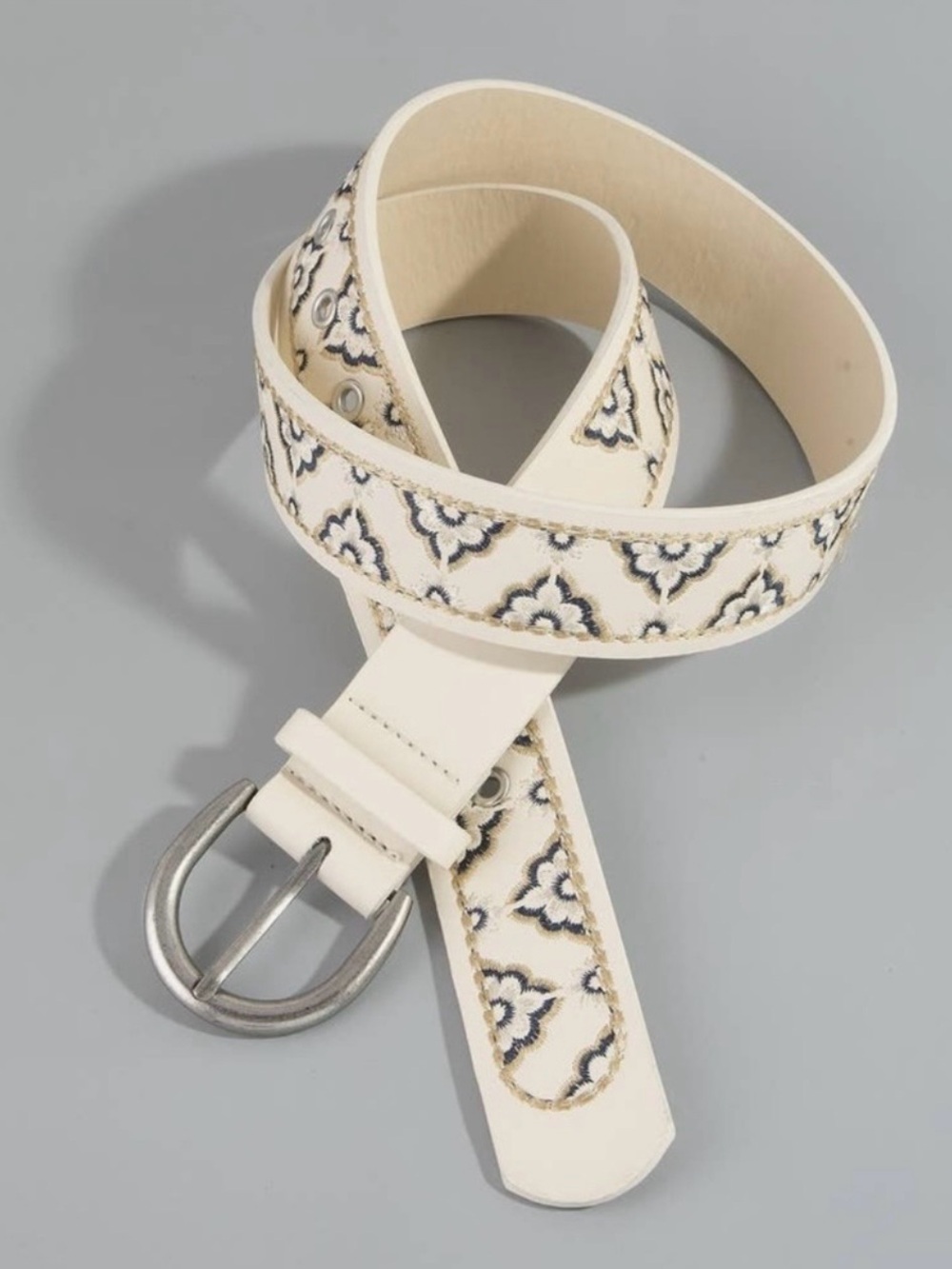 Women's Cream Embroidered Vegan Leather Belt
